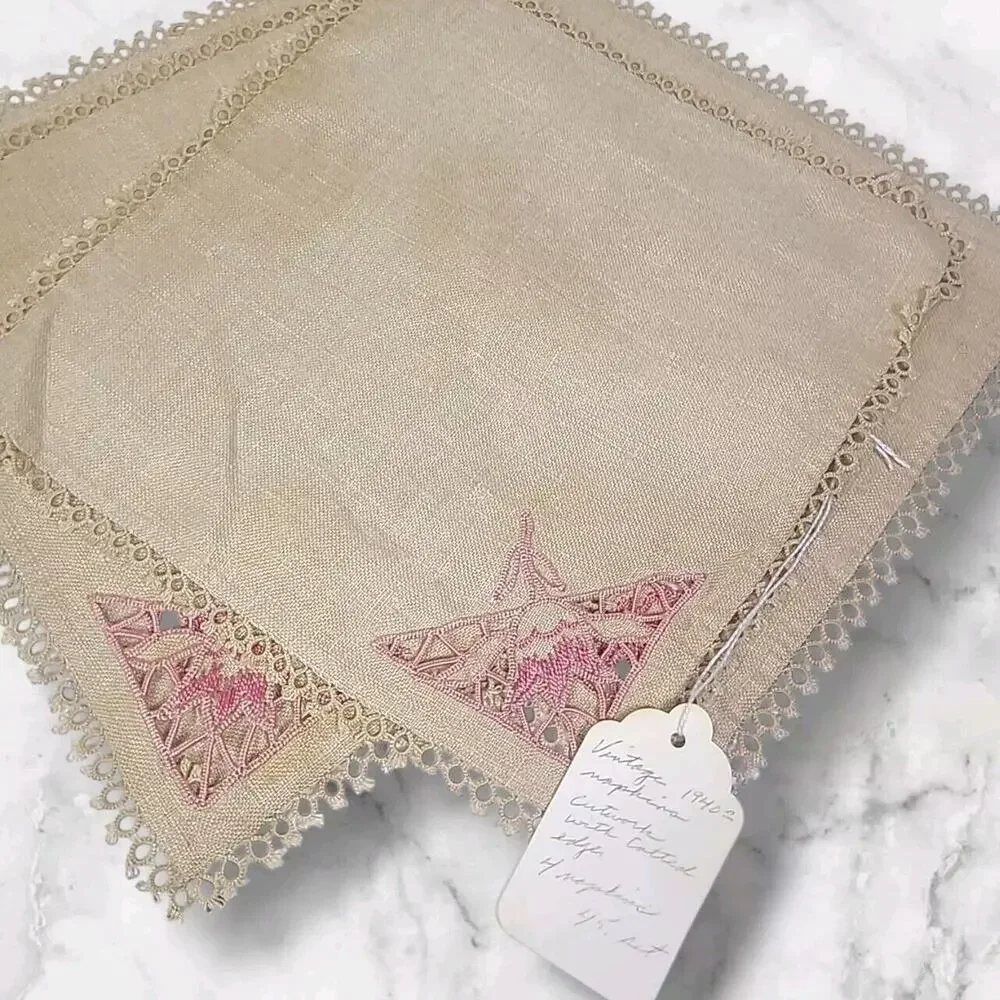 Vintage 1940s Set of 4 Cutwork Napkins with Tatted Edges Beige Pink 9